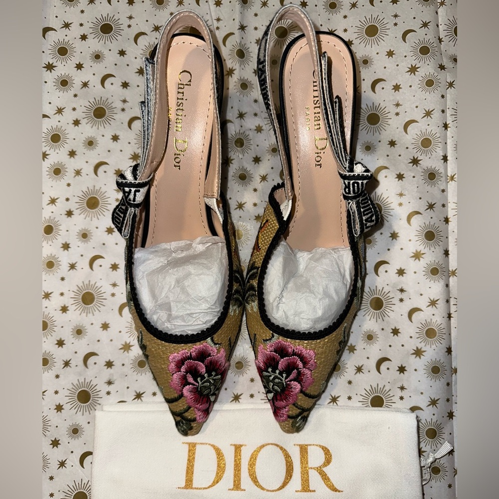 Dior Pink and Tan Floral Embroidered Heels